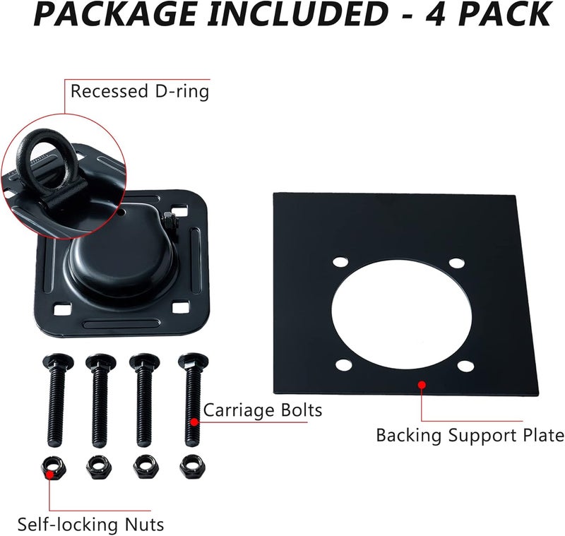 Lonffery 4 Pack Recessed D-Ring Tie Down Anchors (6,000 lb. Capacity), Heavy Duty Kit for Trailer or Deliveries, Black - Image 2